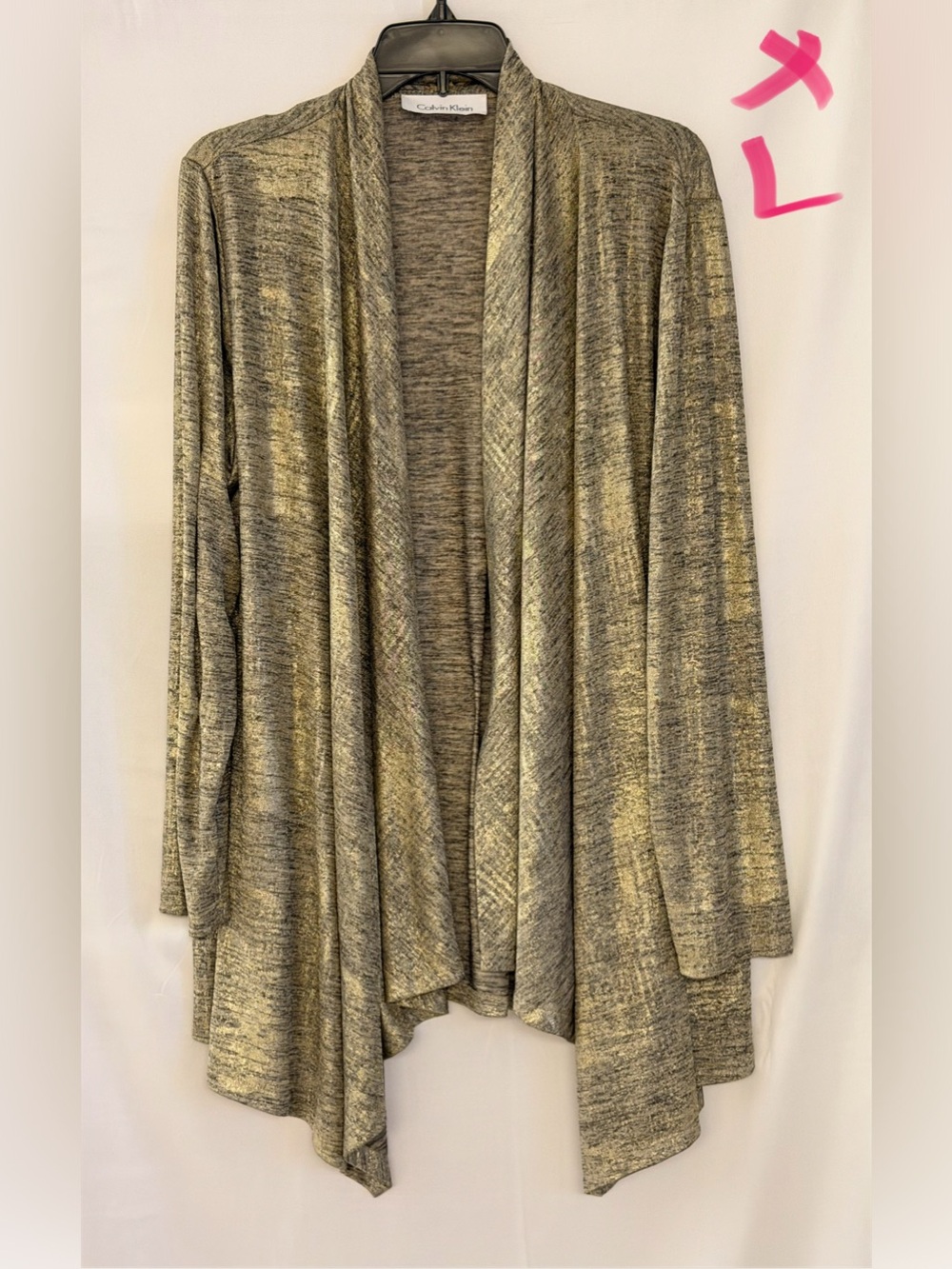 Calvin Klein Draped Open-Front Cardigan in Gray and Gold